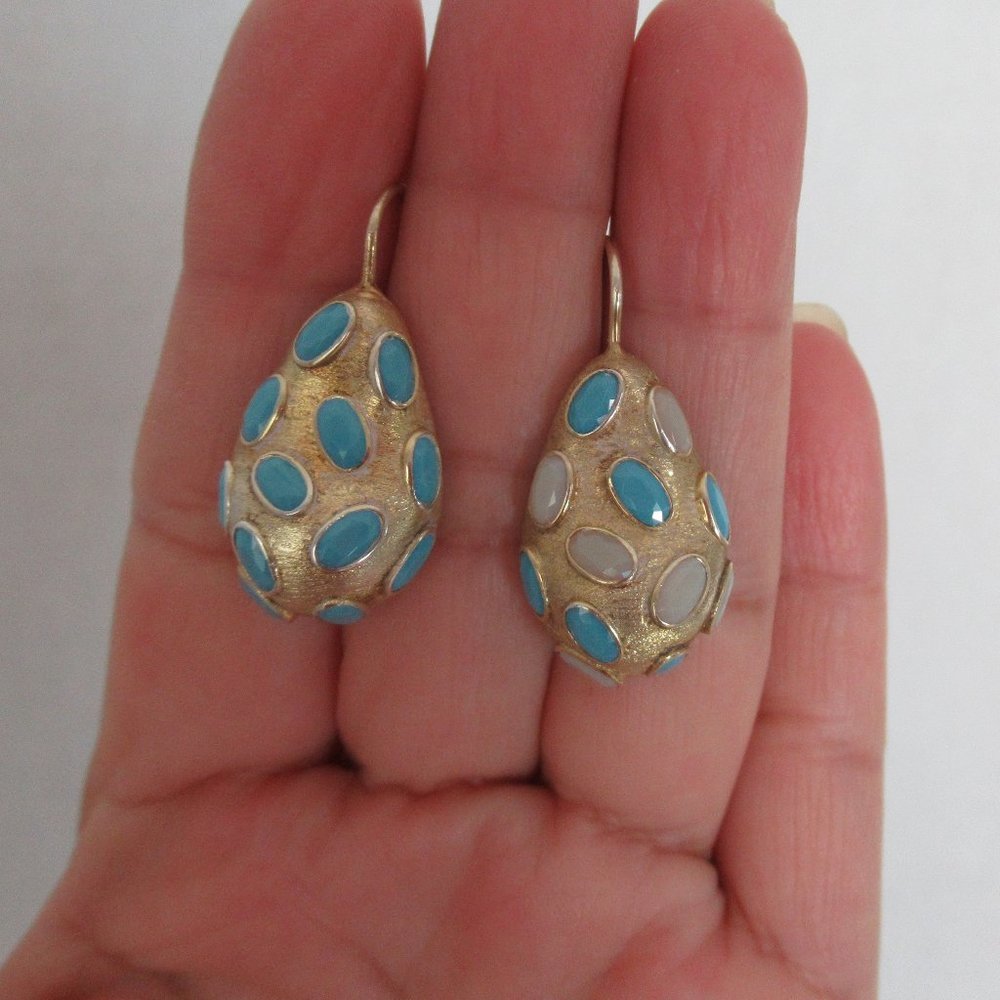 PEAR SHAPPED STERLING SILVER & TURQUOISE DANGLE EARRINGS SIGNED on BACK 1" H